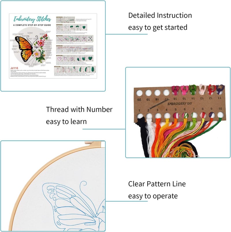 Nuberlic 3 Pack Funny Embroidery Kits for Adults Beginner, Stamped Cross Stitch Kit for Crafts Starters with Cute Bees Butterfly Patterns Include Hoop Cloth Thread Needles Instructions - Image 5